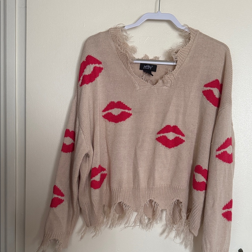 Wild Fable Beige V-Neck Sweater with Red Lip Design